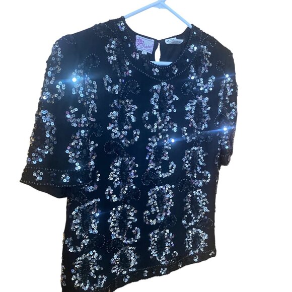 Vintage Patchouli Silk Top Womens Size L Black Sequined Party Cocktail Evening G - Picture 2 of 14